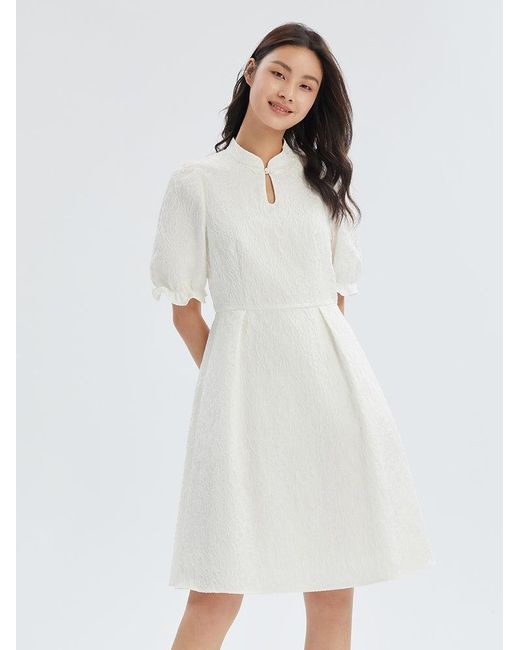 GOELIA White Cheongsam Qipao Jacquard Puff Sleeve Midi Dress