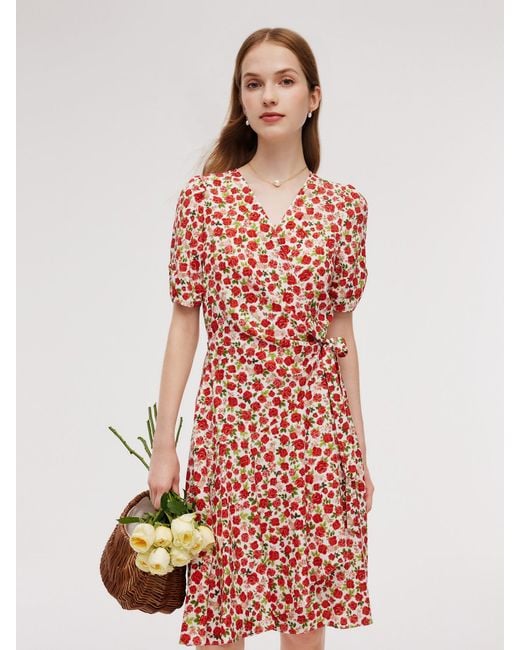 GOELIA Red Tencel And Linen Blend Rose Print Midi Dress