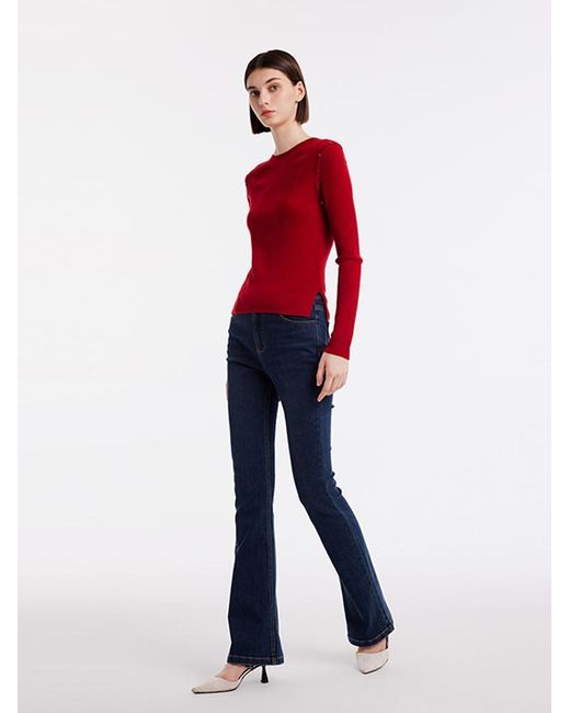 GOELIA Red Detachable Sleeve Woolen Round Neck Sweater