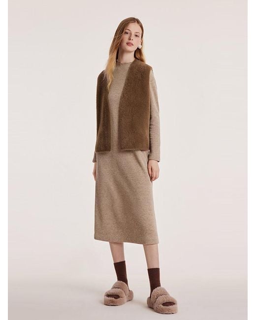 GOELIA Natural Slim Pinafore Dress And Faux Mink Vest Two-Piece Set With Belt