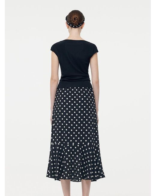 GOELIA White Acetate Knit Top And 16 Mm Mulberry Slik Polka Dots Skirt Two-Piece Set
