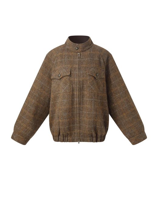GOELIA Brown 100% Wool Plaid Zip-Up Jacket