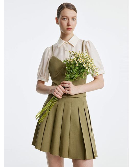 GOELIA Green Fake Two-Piece Blouse And Pleated Half Skirt Two-Piece Set