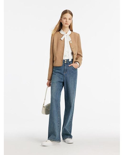 GOELIA Blue Washable Wool Round Neck Single-Breasted Jacket