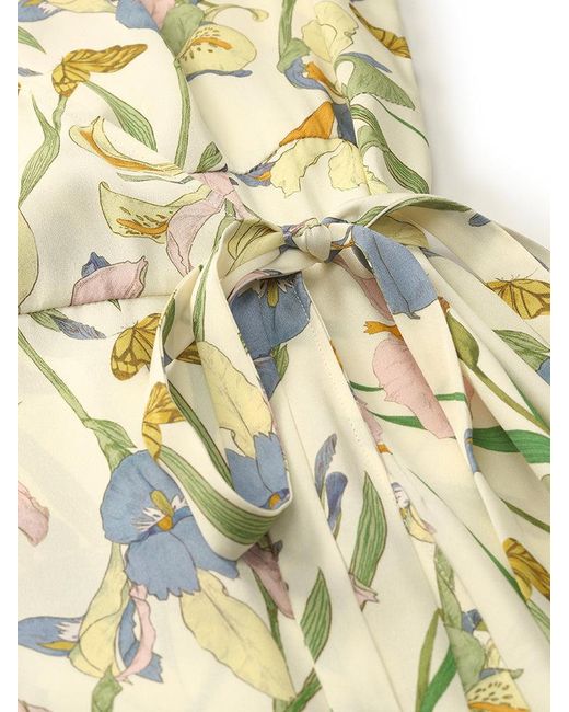GOELIA White 19 Momme Mulberry Silk Iris Printed Ruffled Hem Midi Wrapped Dress With Scrunchies