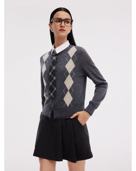 GOELIA Blue 100% Machine Washable Wool Faux Two-Piece Cardigan