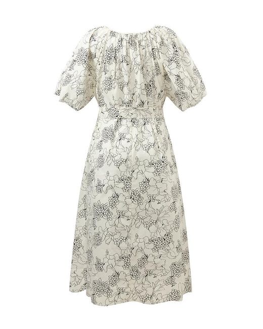 GOELIA White Puff Sleeves Iris Printed Midi Dress With Belts