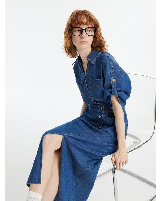 GOELIA Blue Denim V-Neck Slit Lapel Maxi Dress