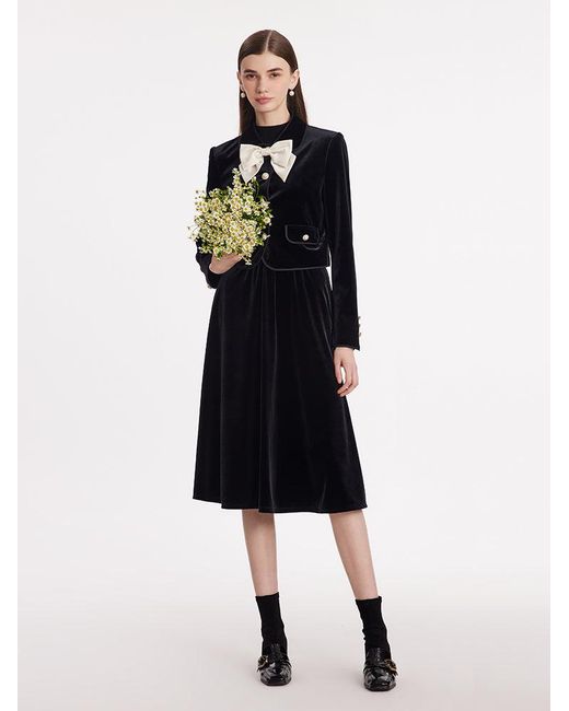 GOELIA Black Velvet Crop Jacket And Skirt Two-Piece Suit With Detachable Bowknot