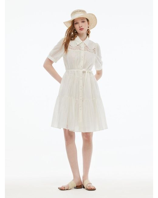 GOELIA White Tencel Blend Tiered Mini Dress With Ribbon
