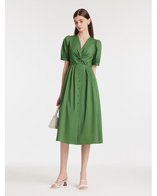 GOELIA Green V-Neck Knotted Midi Dress