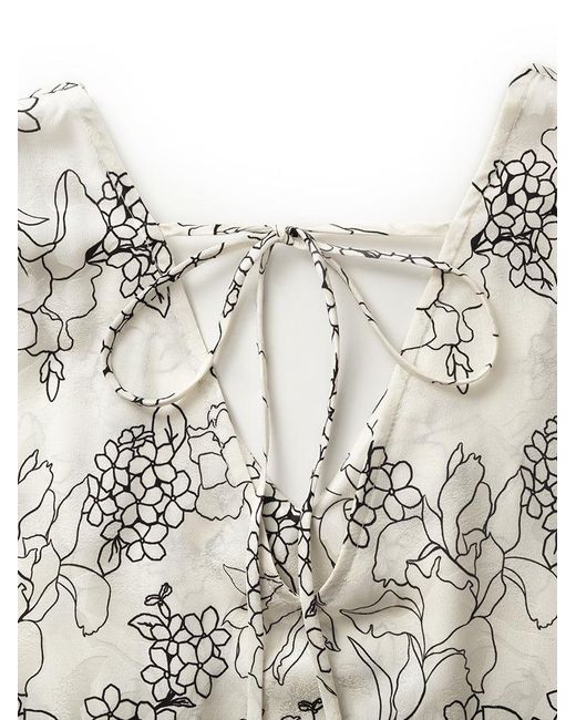 GOELIA White 20 Momme Mulberry Silk Iris Printed Drawstring Sleeves Midi Dress