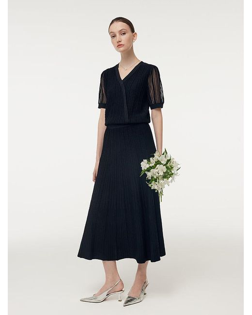 GOELIA Blue Slanted Placket Knit Top And A-Line Pleated Skirt Two-Piece Set