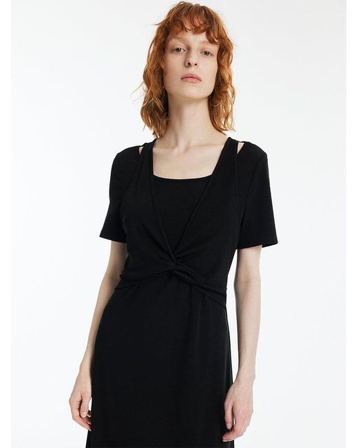 GOELIA Black Double-Layer Twist Waist Maxi Dress