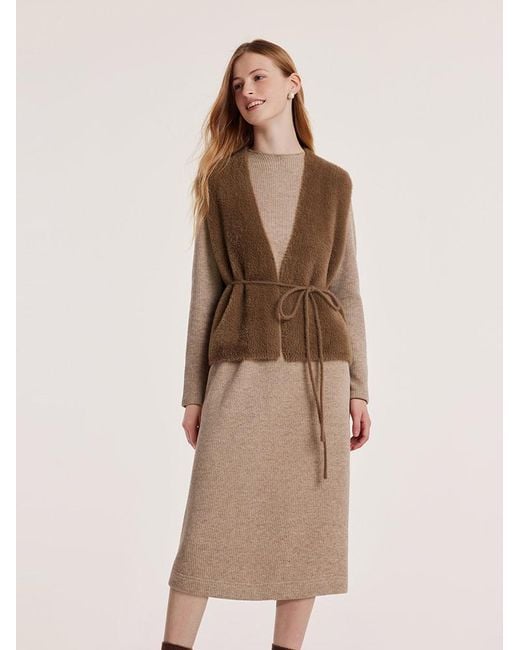 GOELIA Natural Slim Pinafore Dress And Faux Mink Vest Two-Piece Set With Belt