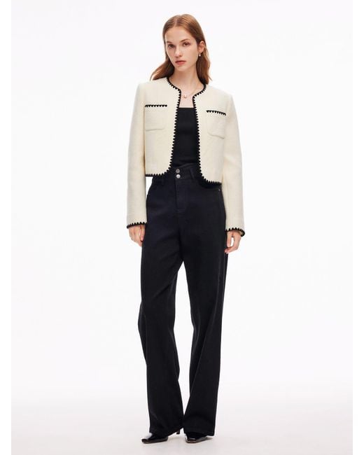 GOELIA White 100% Wool Contrast Trim Crop Jacket
