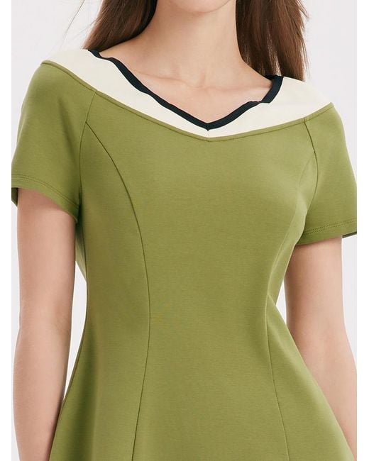 GOELIA Green V-Neck Slim Patchwork Mini Dress