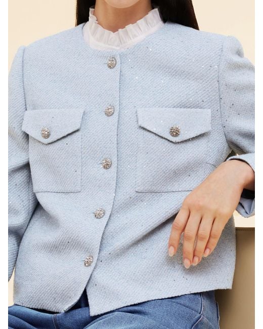 GOELIA Blue Acetate Blend Sequins Crop Jacket