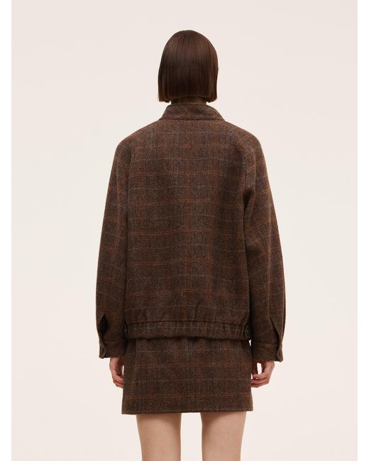 GOELIA Brown 100% Wool Plaid Zip-Up Jacket