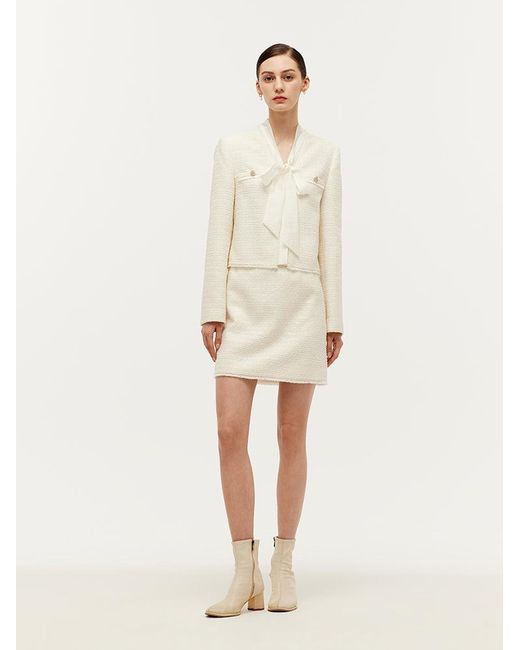 GOELIA Natural Tweed Bow Tie Neck Jacket And Mini Skirt Two-Piece Set