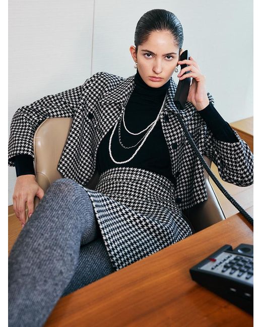 GOELIA Gray Washable Wool Houndstooth Jacket And Sweater And Skirt Suit
