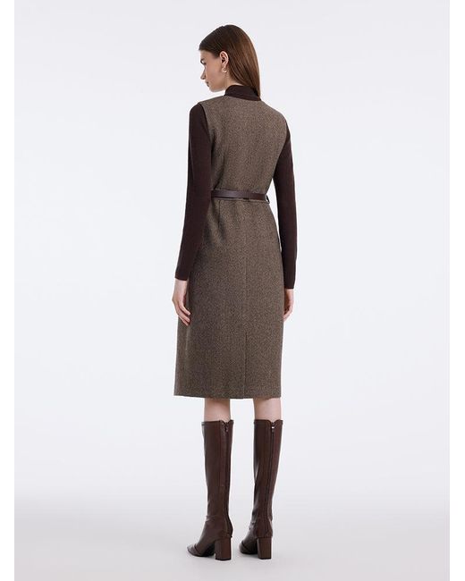 GOELIA Brown Washable Wool Vest Dress And Knitted Sweater Two-Piece Set With Belt