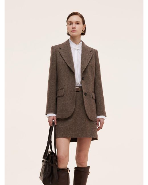 GOELIA Brown 100% Washable Wool Gathered Waist Blazer