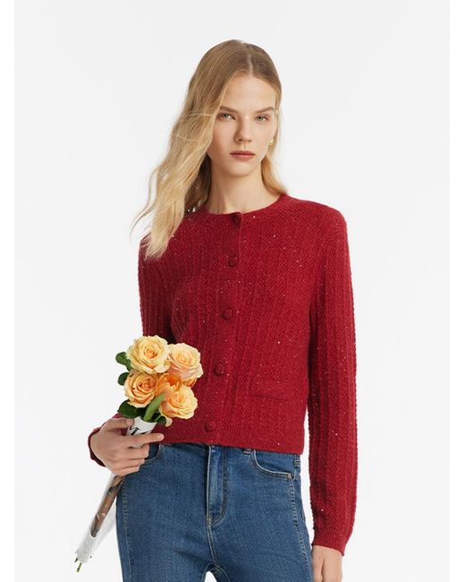 GOELIA Red Wool Blend Single-Breasted Sequins Cardigan