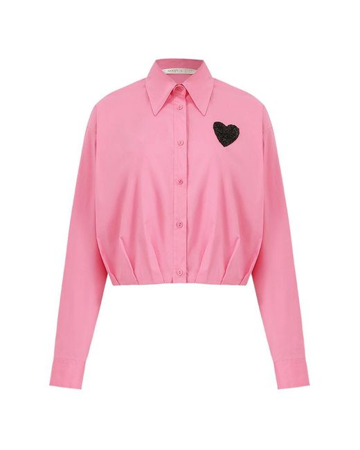 GOELIA Pink Heart-Shaped Sequins Crop Shirt With Pleated Hem