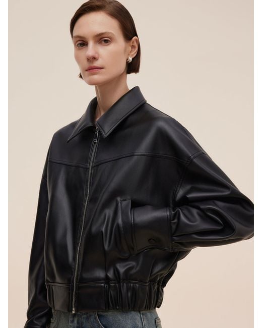 GOELIA Black Pu Leather Zip-Up Jacket