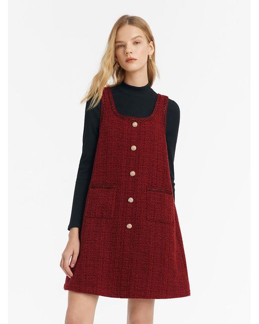 GOELIA Red Slim Sweater And Tweed Vest Dress Two-Piece Set