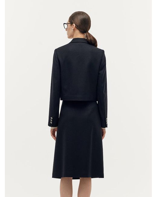 GOELIA Blue Cashmere Wool Blend V-Neck Blazer And Midi Skirt Two-Piece Set