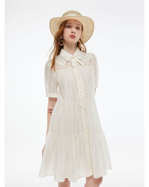 GOELIA White Tencel Blend Tiered Mini Dress With Ribbon