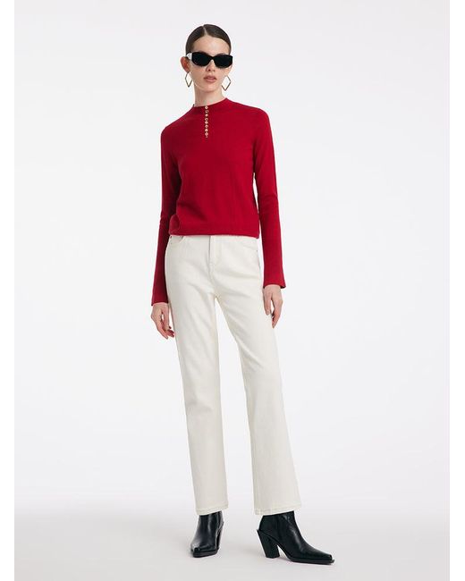 GOELIA Red Mid-Collar Woolen Slim Sweater