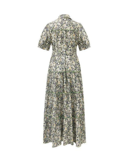 GOELIA White Floral Printed Lapel Tiered Midi Dress With Belt