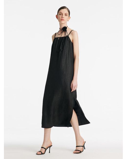 GOELIA Black 18 Momme Xiang Yun Silk Spaghetti Strap Maxi Dress With 3D Rose Belt