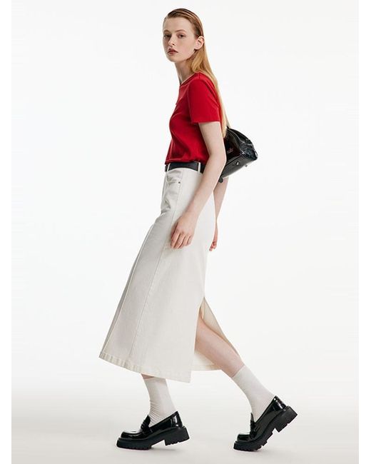 GOELIA White Split Denim Long Skirt With Belt