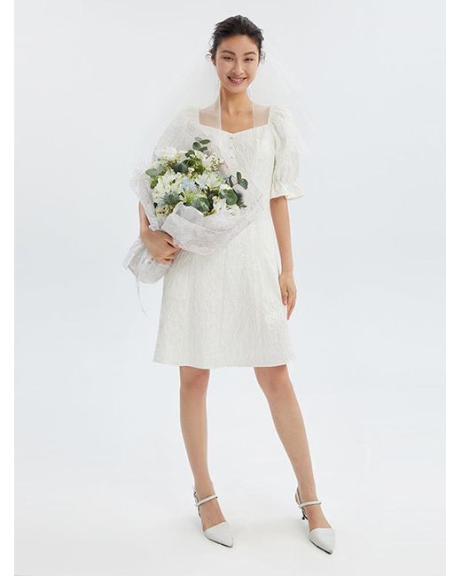 GOELIA White Ruffle Sleeve Square Neck Jacquard Midi Dress