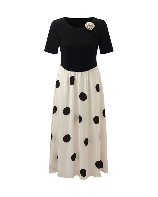 GOELIA Black 16 Momme Mulberry Silk Polka Dots Printed Patchwork Midi Dress With Scrunchie And 3D Rose Clip