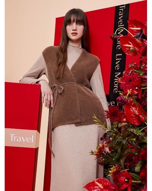 GOELIA Natural Slim Pinafore Dress And Faux Mink Vest Two-Piece Set With Belt