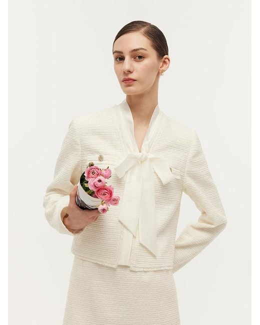 GOELIA Natural Tweed Bow Tie Neck Jacket And Mini Skirt Two-Piece Set