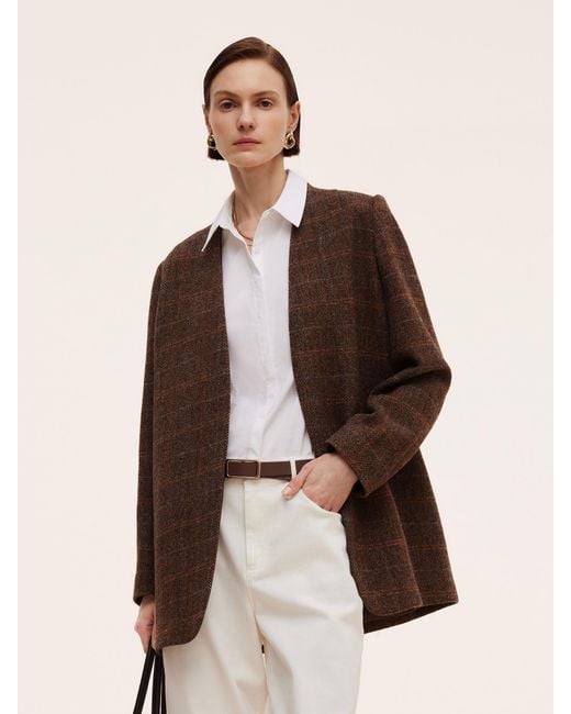 GOELIA Brown [Preview] 100% Wool Plaid Collarless Blazer