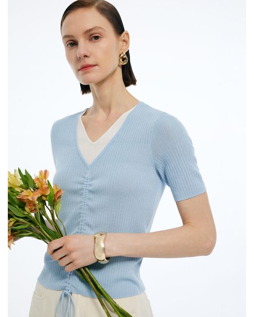 GOELIA Blue Lyocell Blend Drawstring Patchwork Knit Top