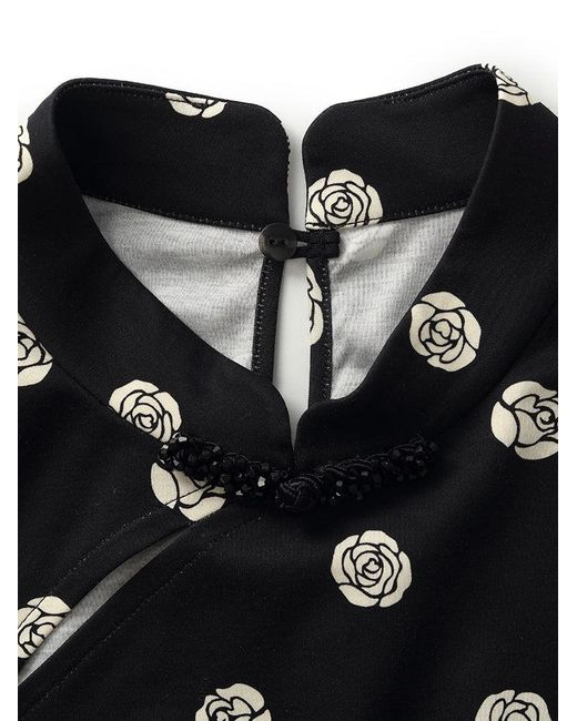 GOELIA Black Rose Printed Puff Sleeves Qipao Mini Dress