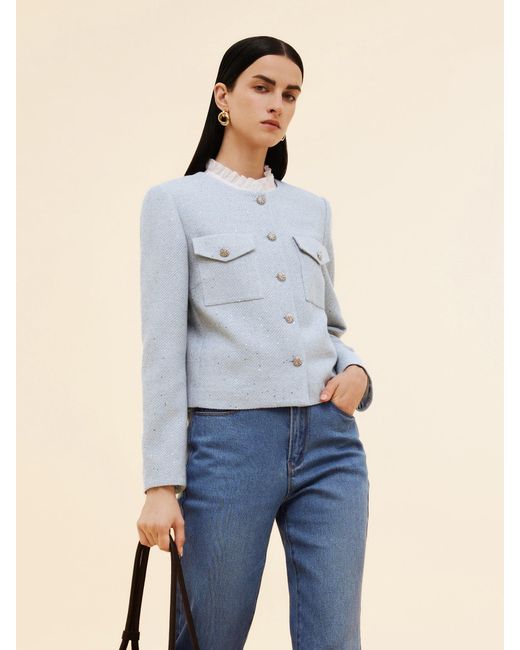 GOELIA Blue Acetate Blend Sequins Crop Jacket