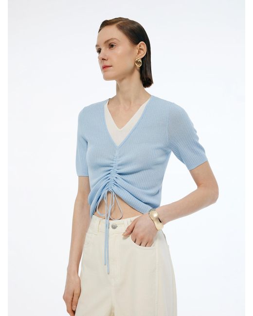 GOELIA Blue Lyocell Blend Drawstring Patchwork Knit Top