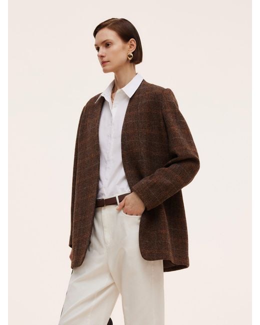GOELIA Brown [Preview] 100% Wool Plaid Collarless Blazer