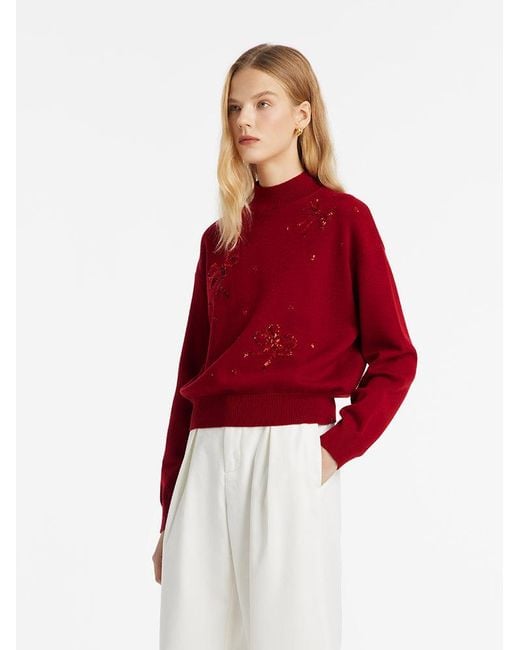 GOELIA Red Tencel Wool Blend Mock Neck Sequins Sweater
