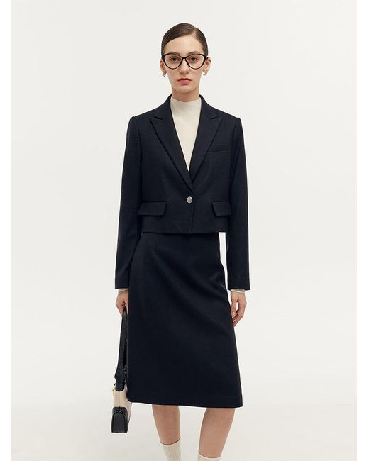 GOELIA Blue Cashmere Wool Blend V-Neck Blazer And Midi Skirt Two-Piece Set
