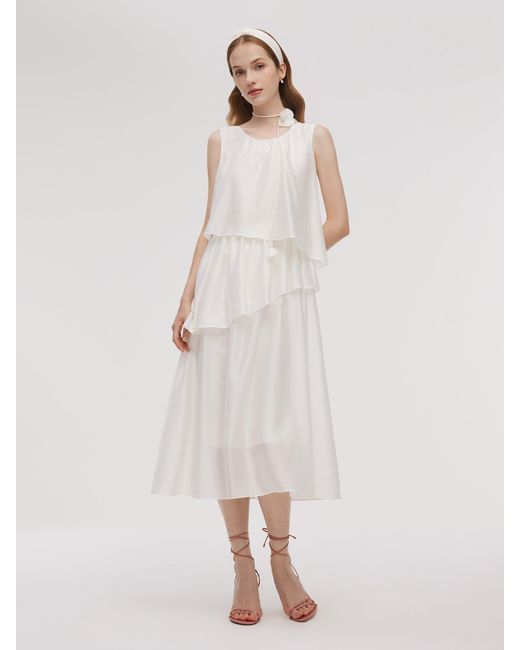 GOELIA White Tencel Blend Ruffle Tiered Sleeveless Midi Dress